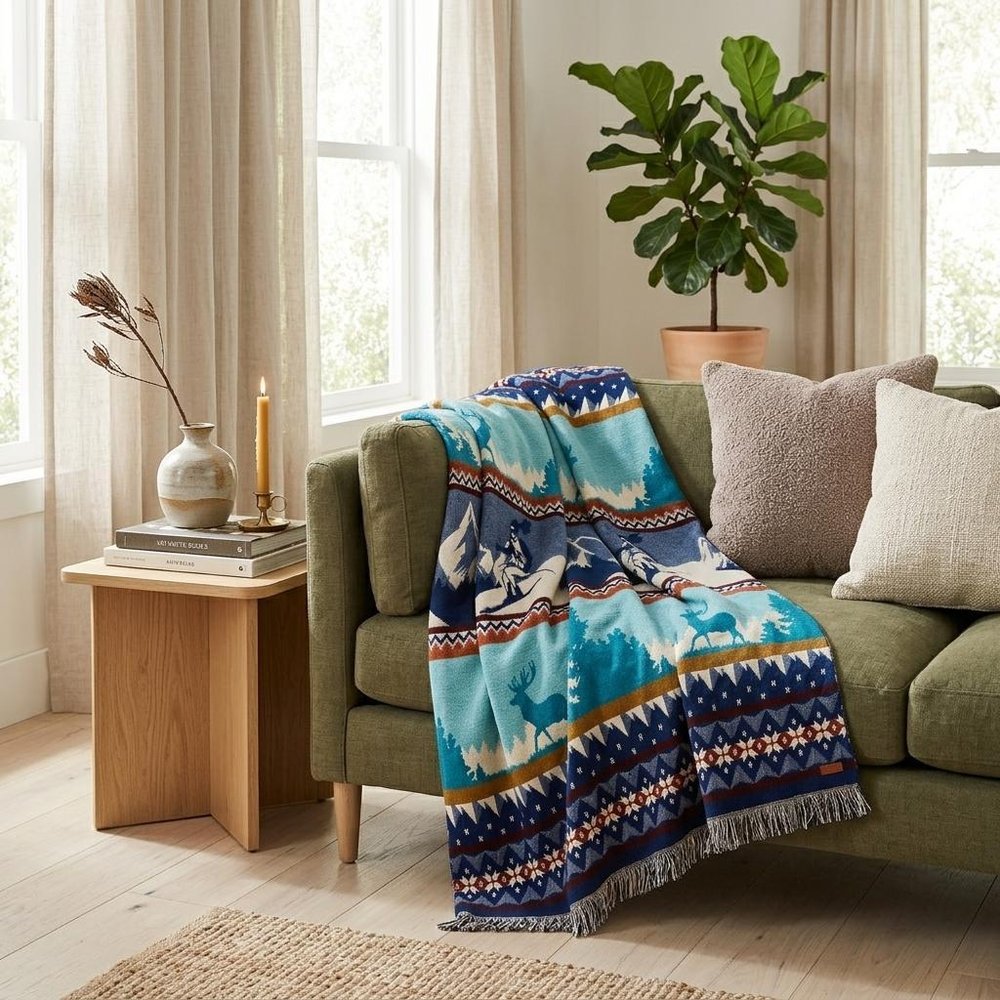 Ultra Soft Blue Ski Mountain Handmade Queen Size Woven Blanket