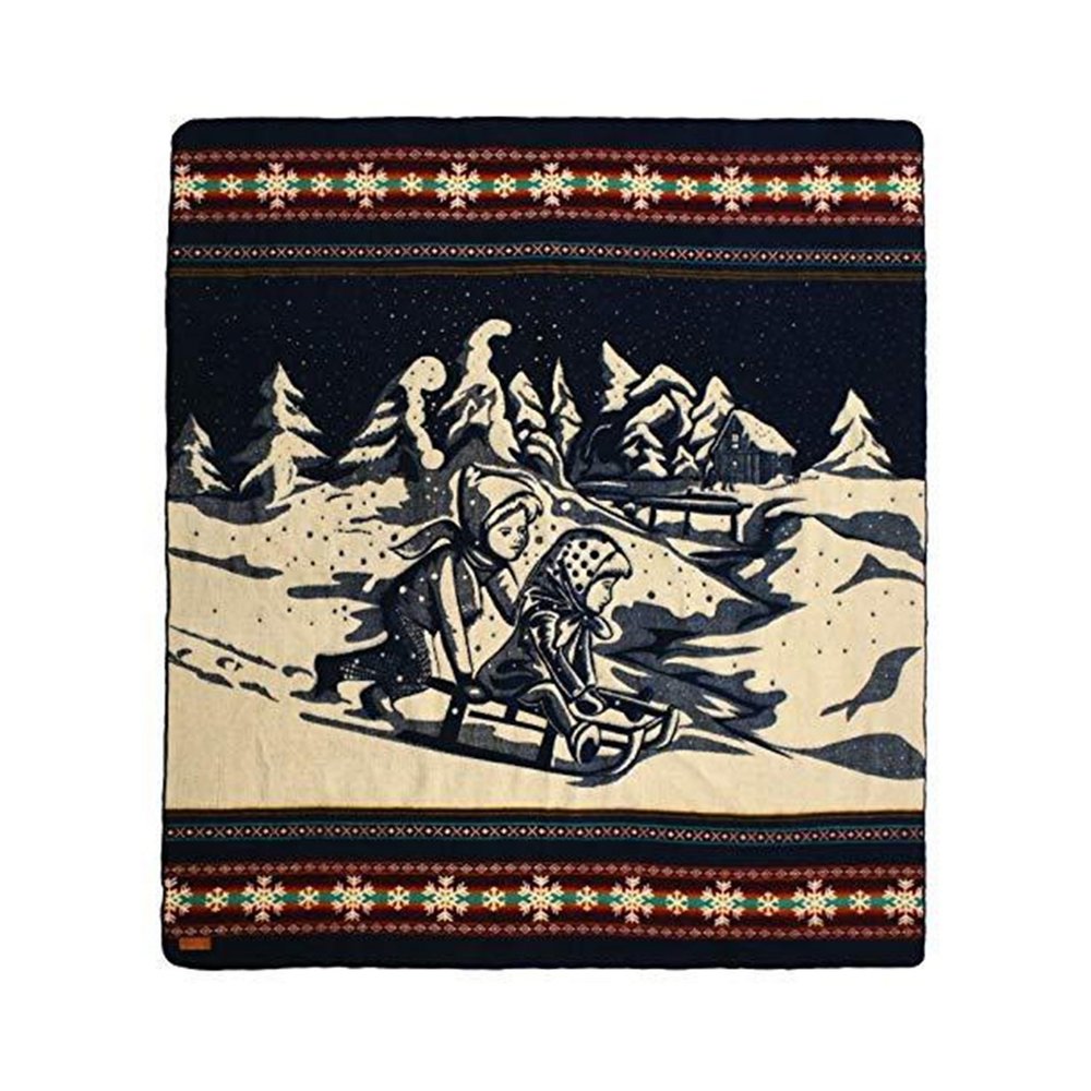 Ultra Soft Blue and Ivory Kids Sledding Handmade Queen Size Woven Blanket