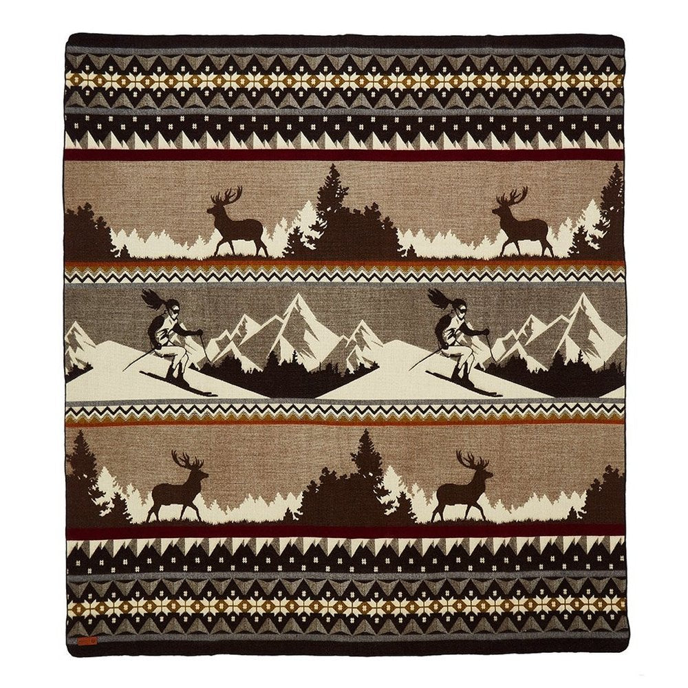 Ultra Soft Brown Ski Mountain Handmade Queen Size Woven Blanket