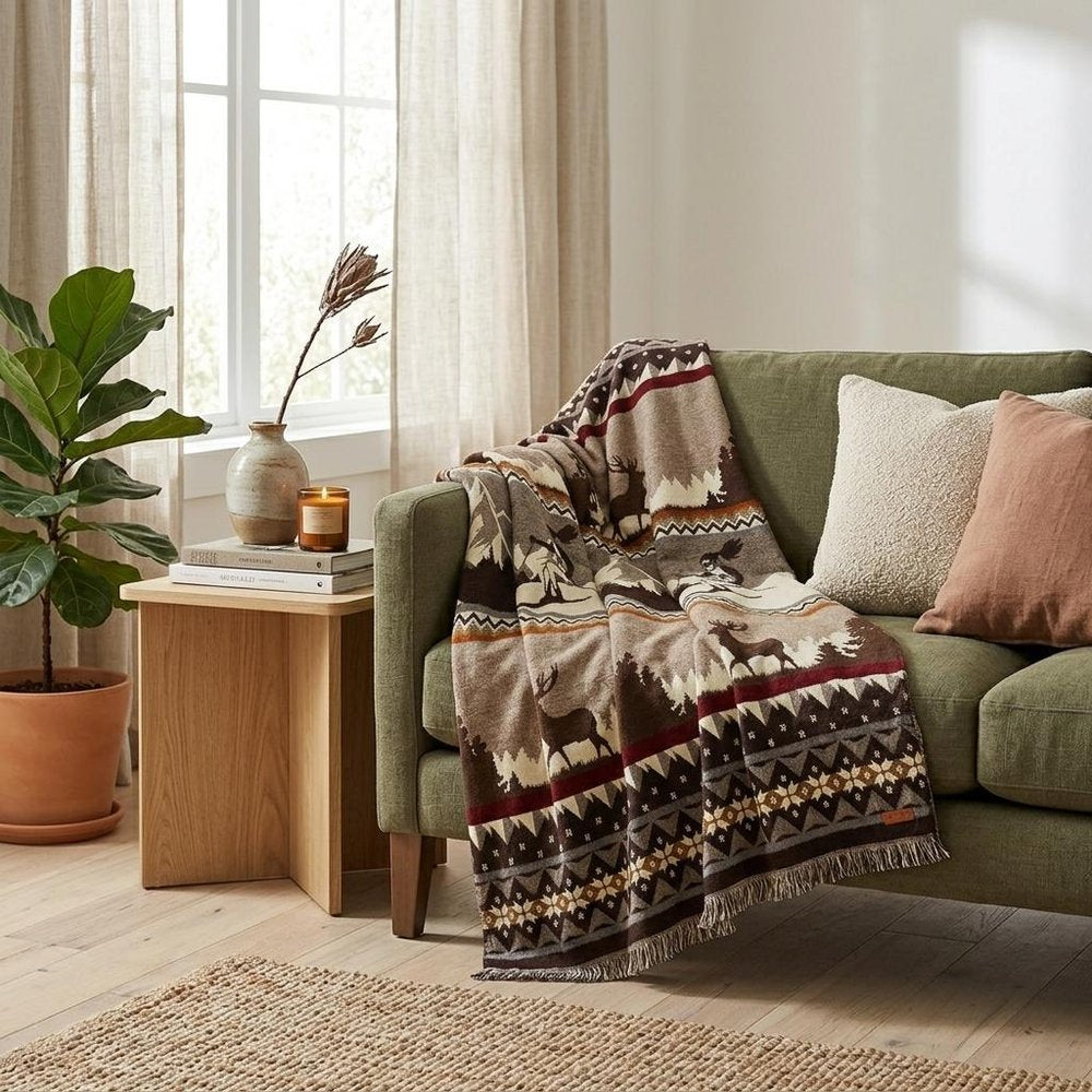 Ultra Soft Brown Ski Mountain Handmade Queen Size Woven Blanket