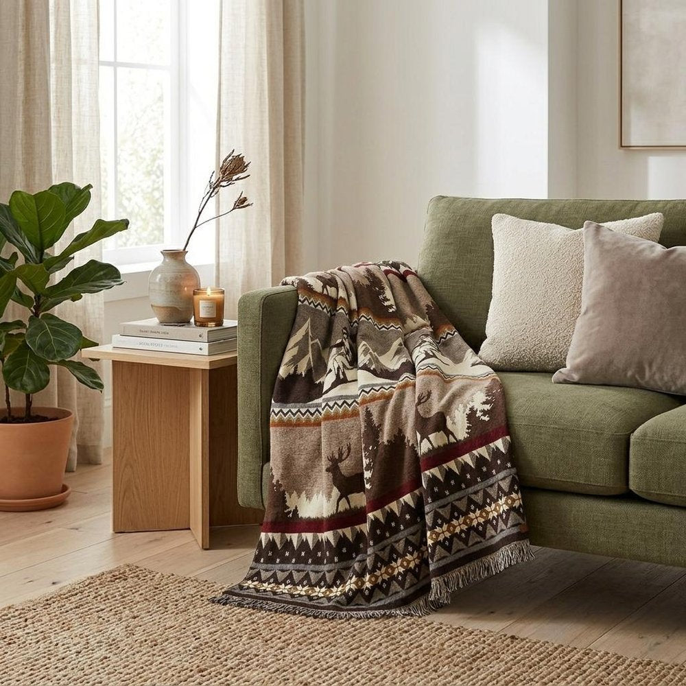 Ultra Soft Brown Ski Mountain Handmade Queen Size Woven Blanket