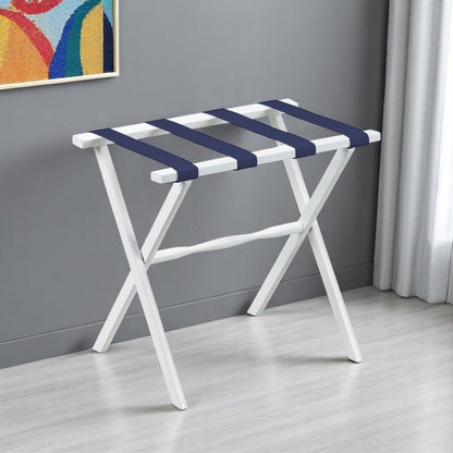 Hotel White Finish Wood Folding Luggage Rack With Navy Straps