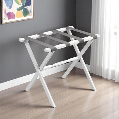 Hotel White Finish Wood Folding Luggage Rack With Gray Straps