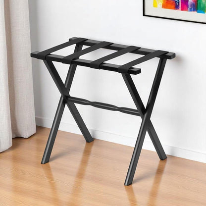 Hotel Black Finish Wood Folding Luggage Rack With Black Straps