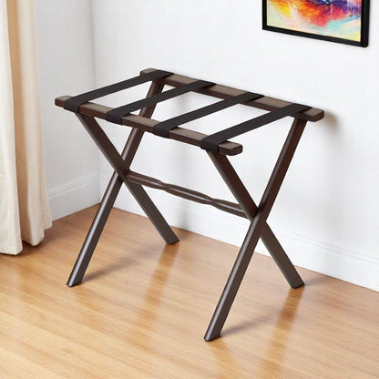 Hotel Dark Walnut Finish Wood Folding Luggage Rack With Black Straps