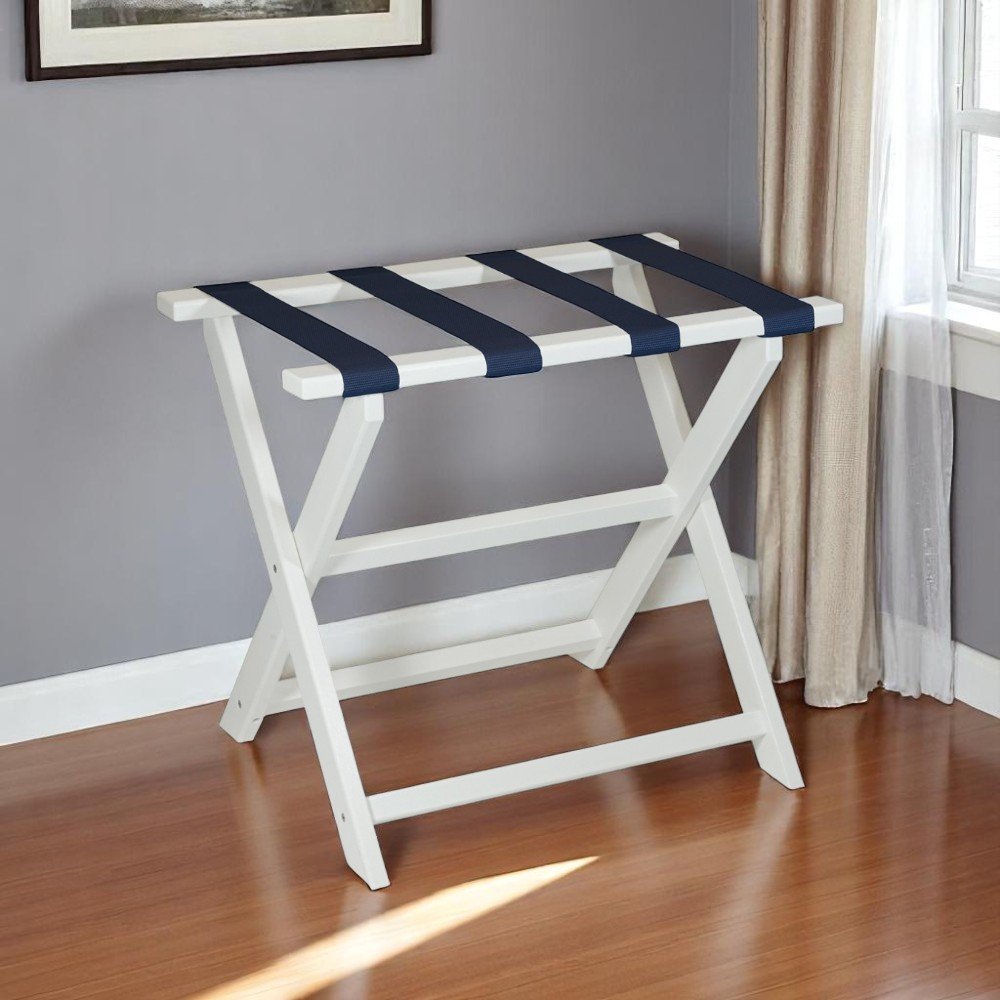 Earth Friendly White Folding Luggage Rack With Navy Straps