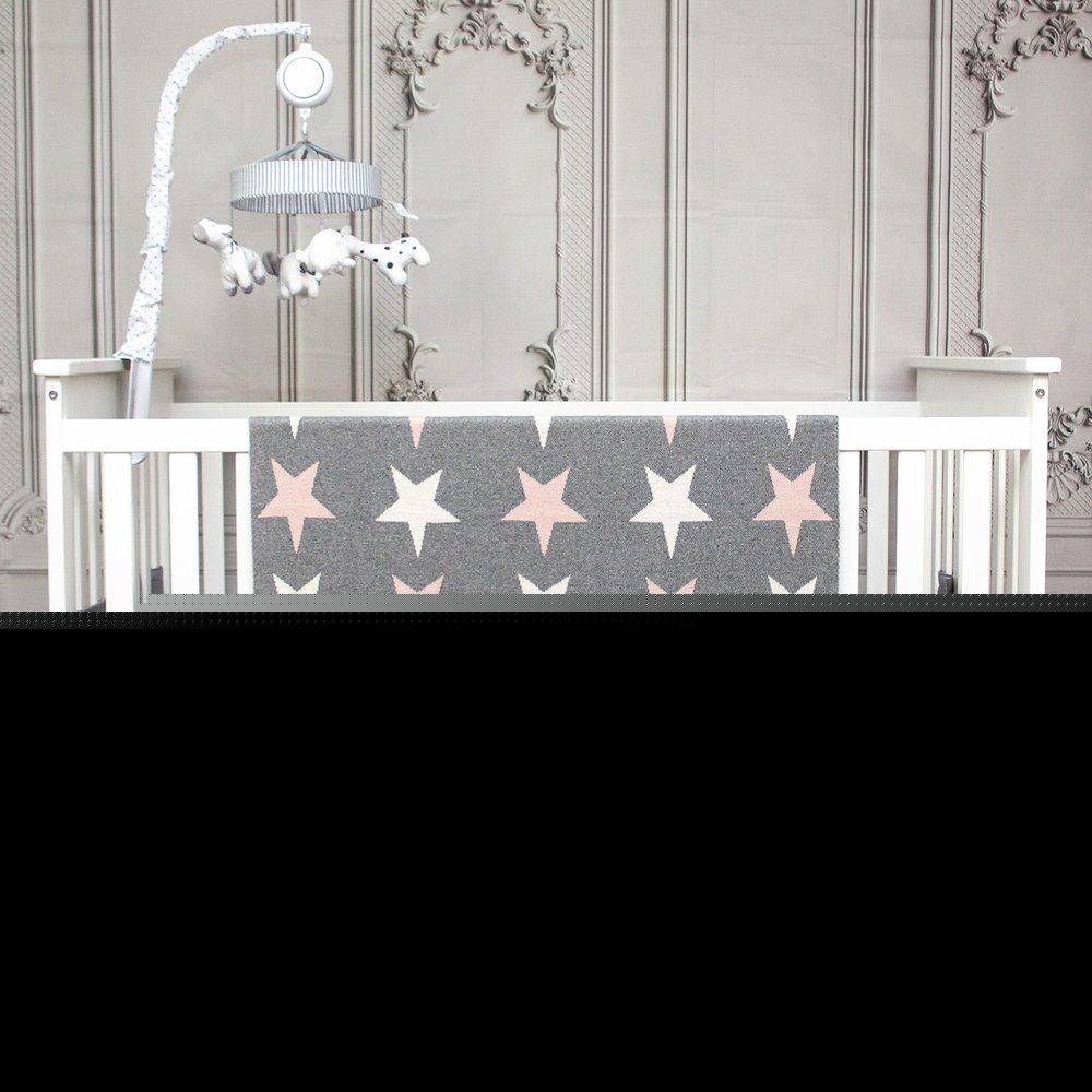 Grey Ivory And Pink Stars Knitted Baby Blanket