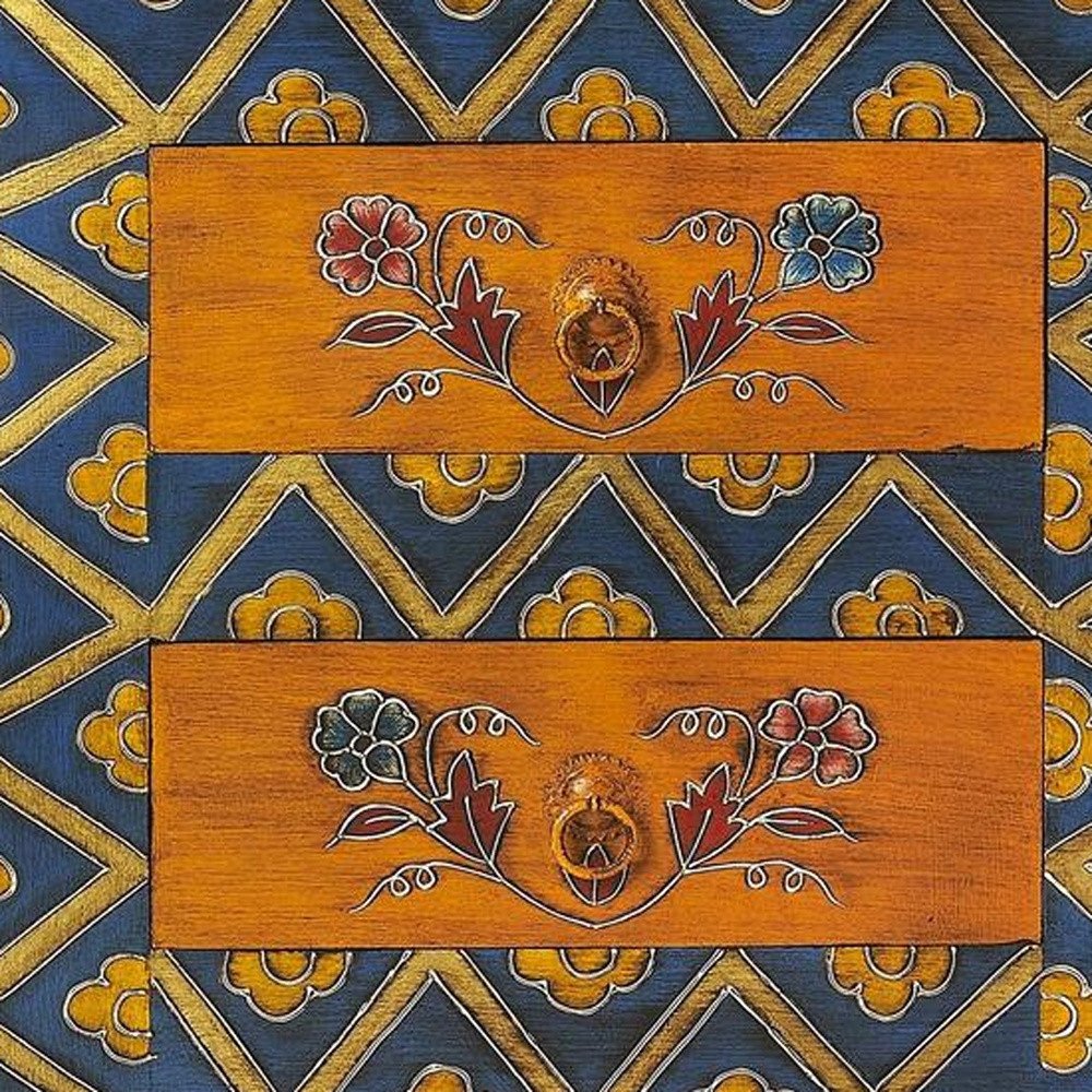 20" Blue and Brown Hand Painted Wood Accent Cabinet With Three Drawers