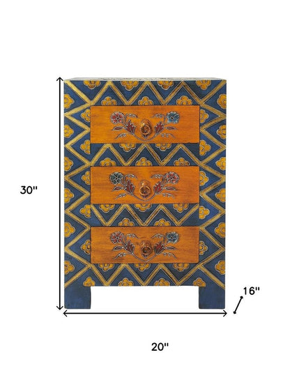 20" Blue and Brown Hand Painted Wood Accent Cabinet With Three Drawers
