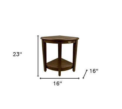 Curvilinear Dark Brown Teak 18" Corner Shower Bench With Shelf
