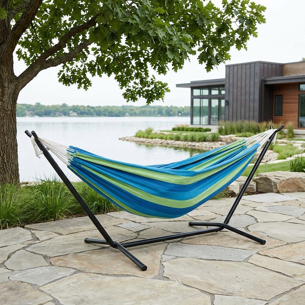 Blue And Green Stripe Two Person Hammock With Stand