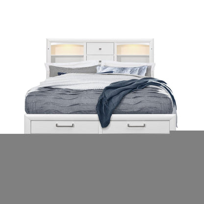 White Solid Wood Lighted Full Bed Frame With Drawers