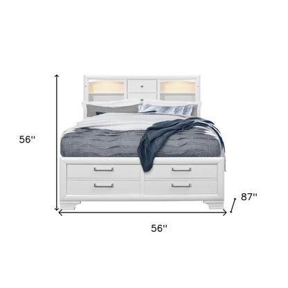 White Solid Wood Lighted Full Bed Frame With Drawers