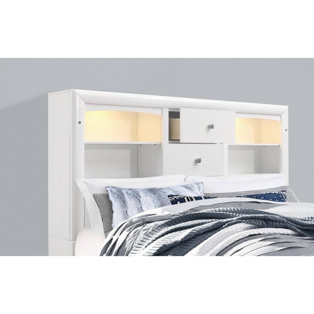 White Solid Wood Lighted King Bed Frame With Drawers