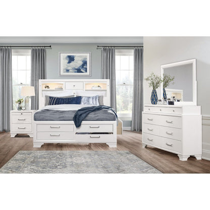 White Solid Wood Lighted King Bed Frame With Drawers