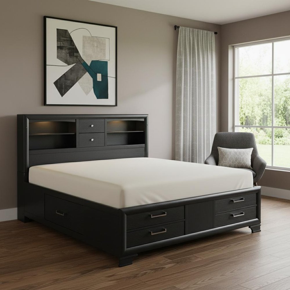 Solid Wood Full Gray Eight Drawers Bed