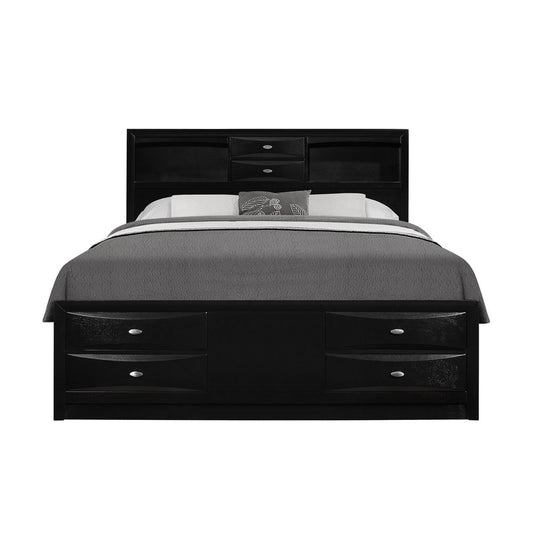 Black Solid Wood Queen Bed Frame With Eight Drawers