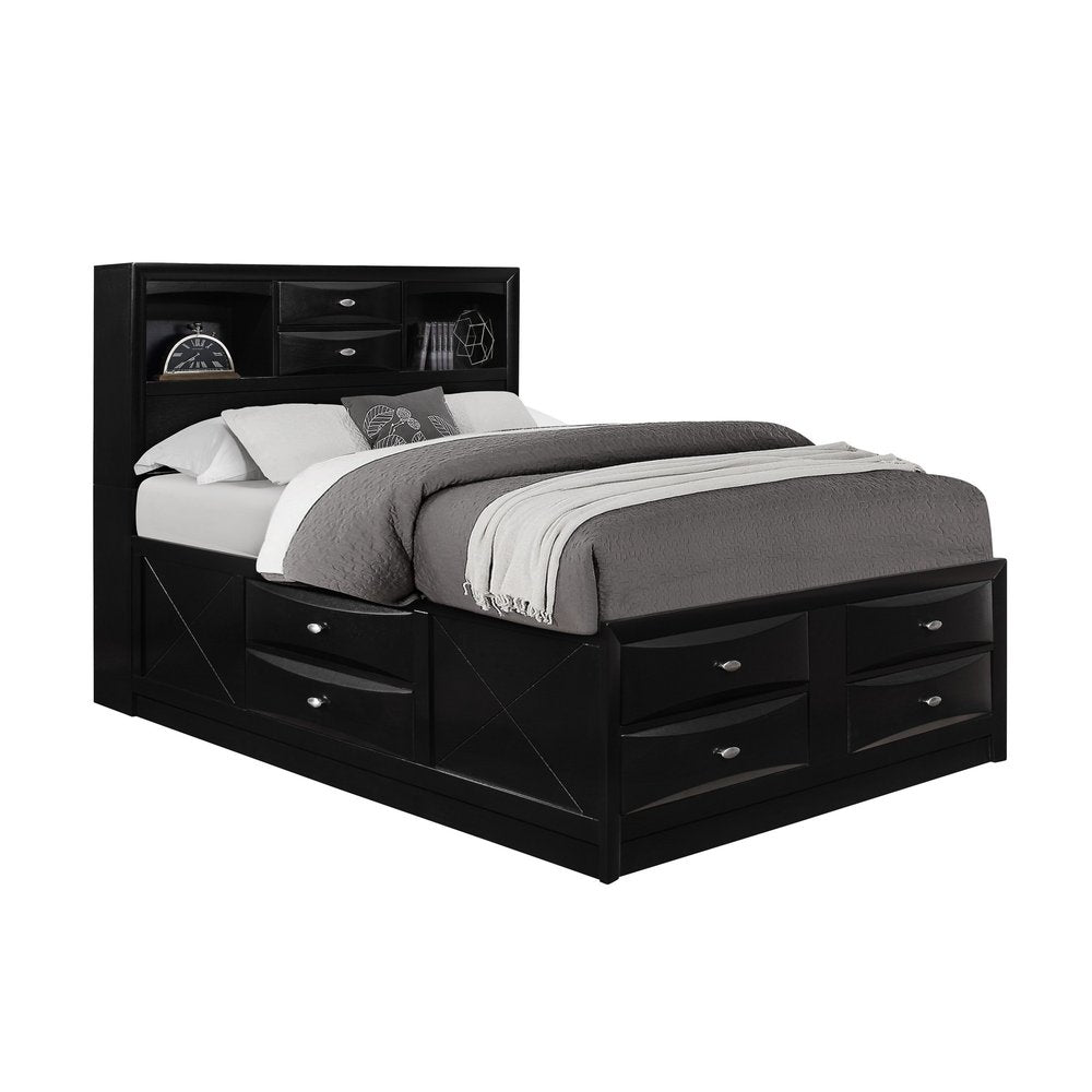 Black Solid Wood Queen Bed Frame With Eight Drawers