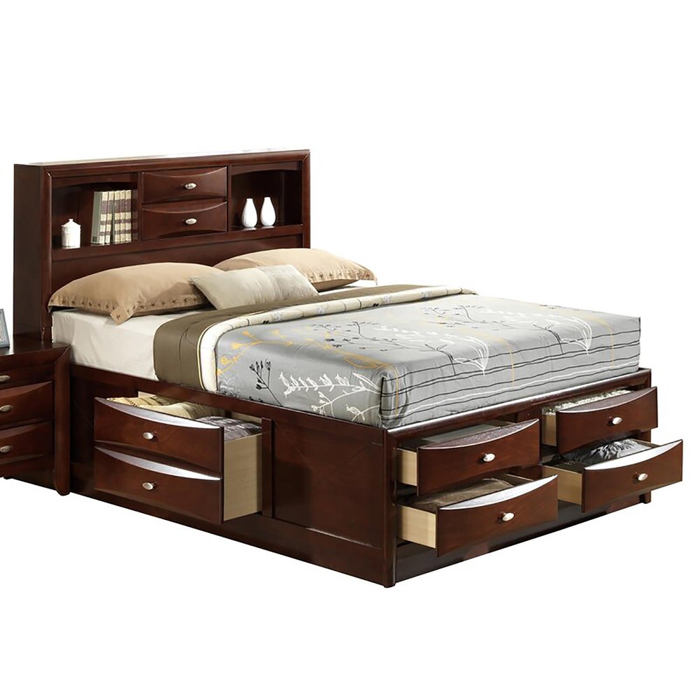 Merlot Solid Wood Queen Bed Frame With Eight Drawers