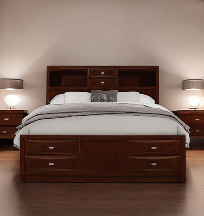 Merlot Solid Wood Queen Bed Frame With Eight Drawers