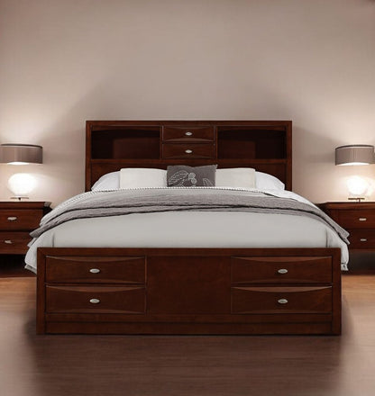 Merlot Solid Wood Queen Bed Frame With Eight Drawers