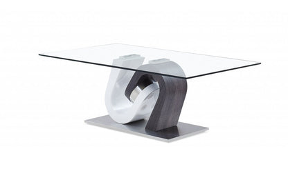 47" Clear Dark Gray White And Silver Glass And Steel Pedestal Coffee Table