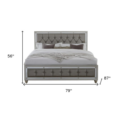 Silver Tufted Linen Upholstered Full Bed Frame with Nailhead Trim With No