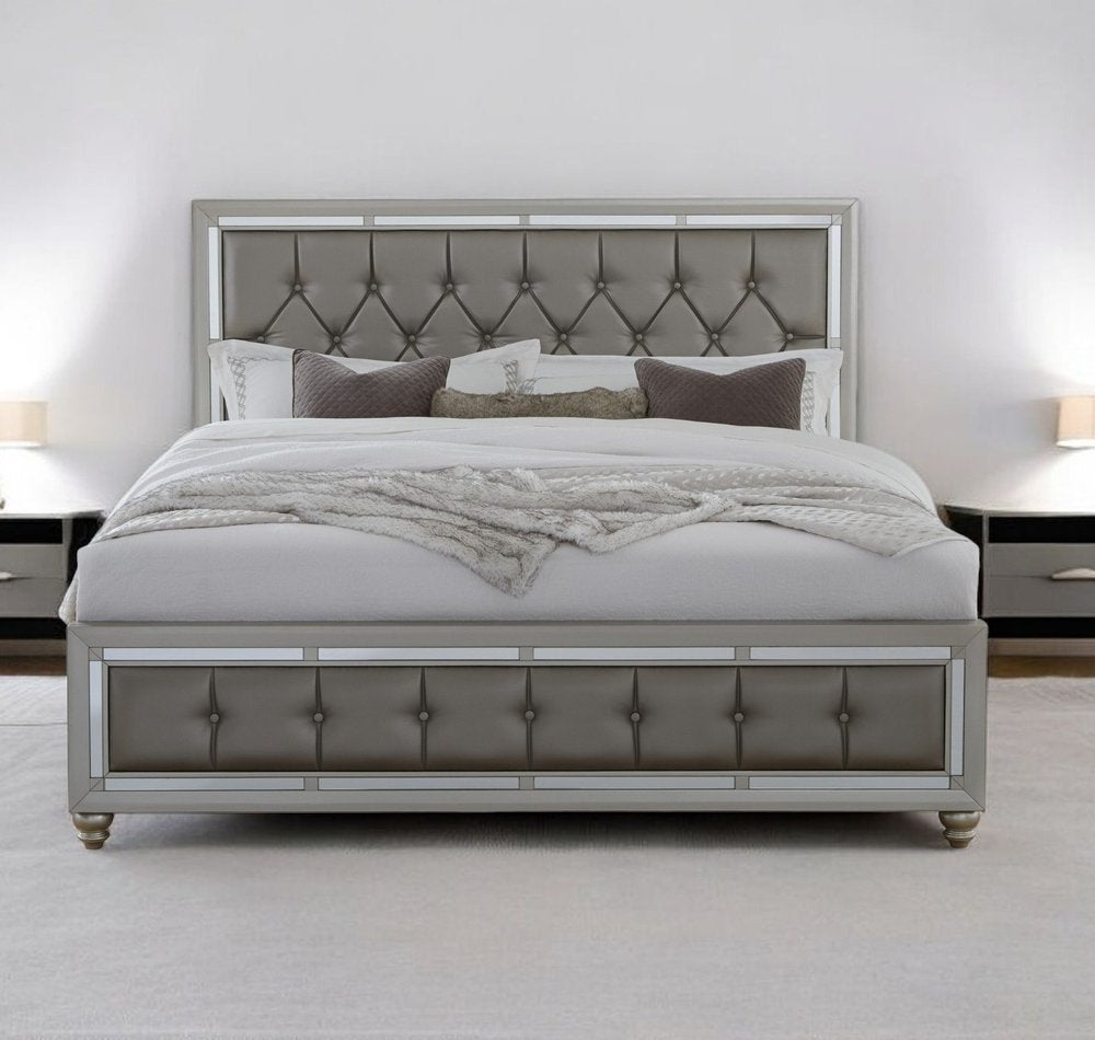 Silver Tufted Linen Upholstered Full Bed Frame with Nailhead Trim With No