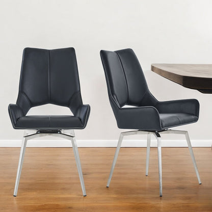 Set of Two Black and Silver Upholstered Faux Leather Dining Side Chairs