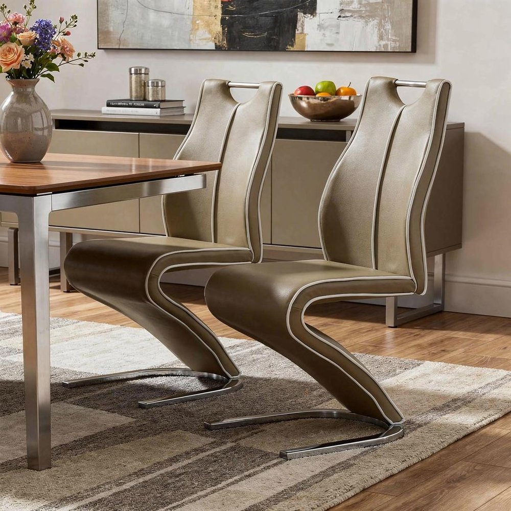 Set of Two Brown and Silver Upholstered Faux Leather Dining Parsons Chairs