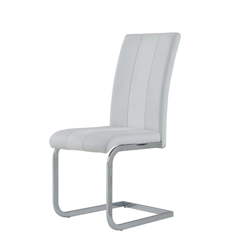 Set of Four White and Silver Upholstered Faux Leather Dining Side Chairs