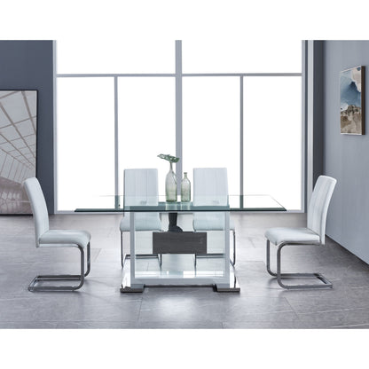 Set of Four White and Silver Upholstered Faux Leather Dining Side Chairs
