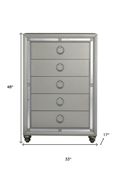 33" Silver Solid Wood Mirrored Five Drawer