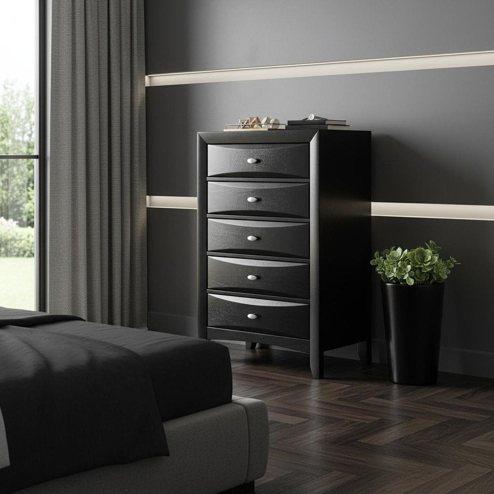 32" Black Solid Wood Five Drawer Dresser