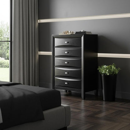 32" Black Solid Wood Five Drawer Dresser