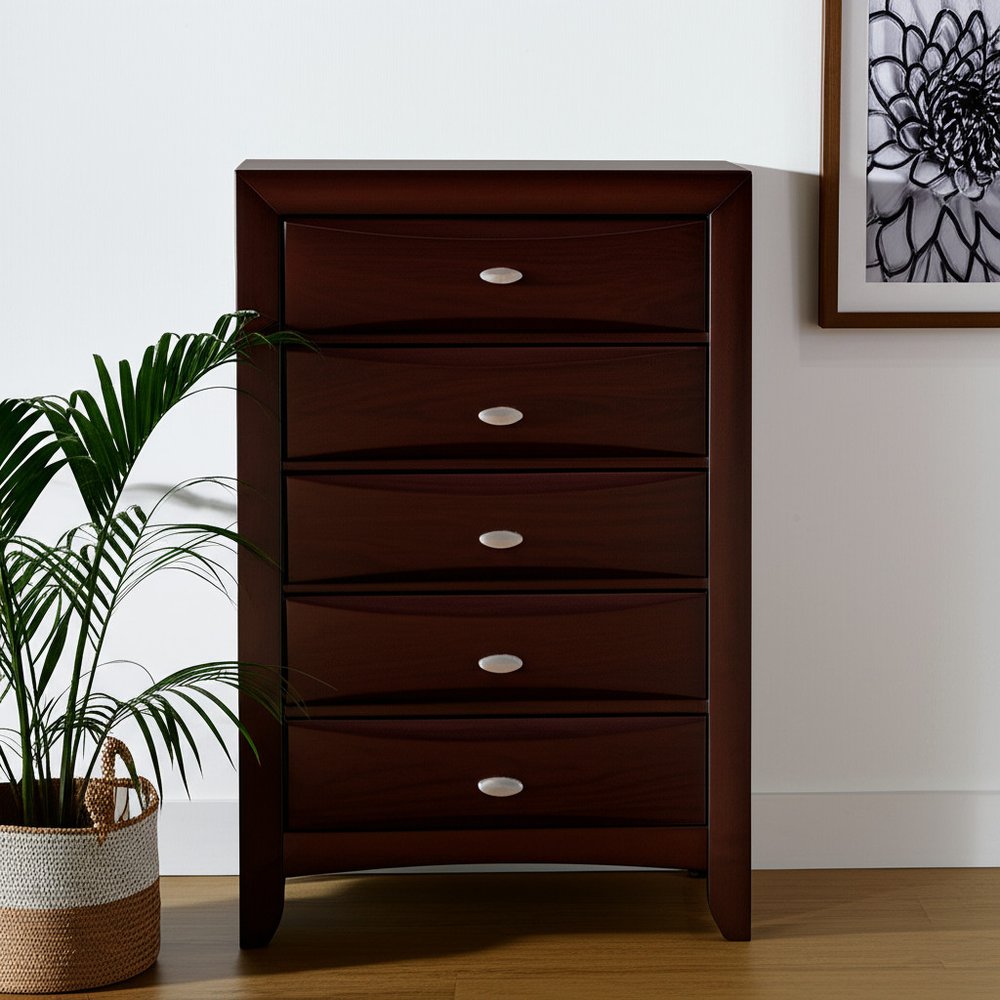 32" Merlot Solid Wood Five Drawer Dresser
