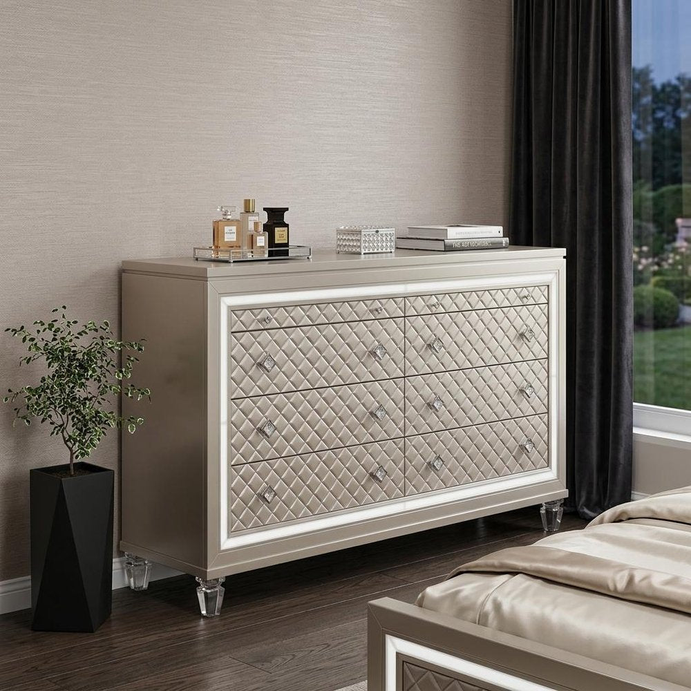 65" Champagne Carved Geometric Solid Wood Mirrored Six Drawer Dresser