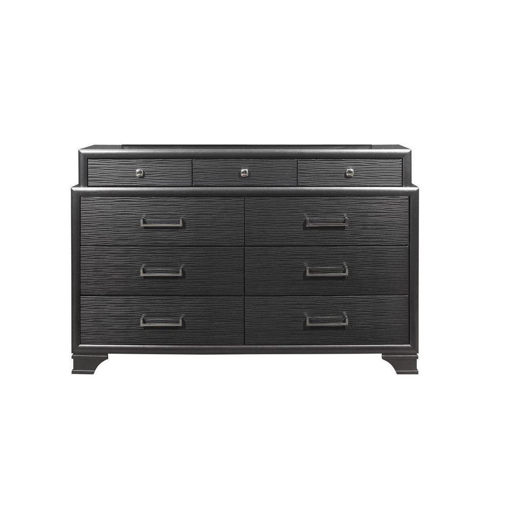 59" Gray Ribbed Texture Solid Wood Nine Drawer Double Dresser