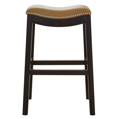 31" Tan and Espresso Faux Leather and Solid Wood Backless Counter Height Bar Chair