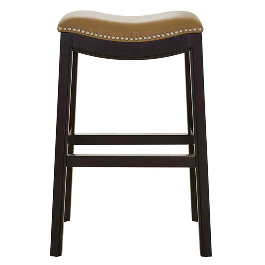 31" Tan and Espresso Faux Leather and Solid Wood Backless Counter Height Bar Chair