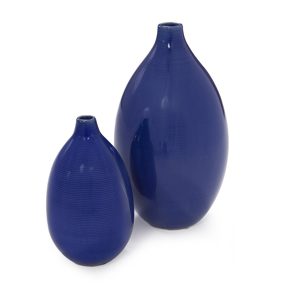 Set of Two Cobalt Ceramic Round Table Vases