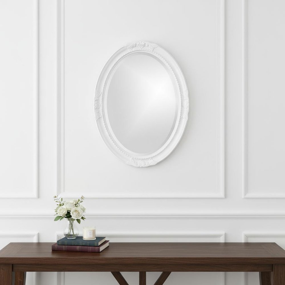 Oval Mirror In A Glossy White Wood Frame