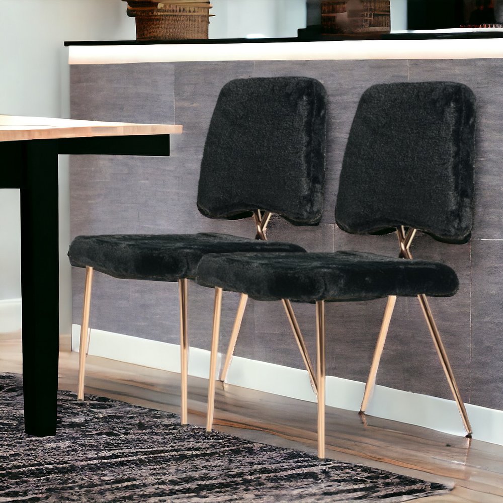 Set of Two Black and Gold Upholstered Fabric Dining Side Chairs