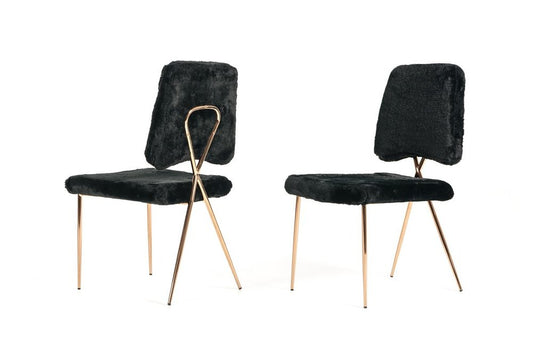 Set of Two Black and Gold Upholstered Fabric Dining Side Chairs