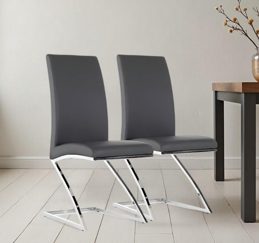 Set of Two Gray and Silver Upholstered Faux Leather Dining Side Chairs