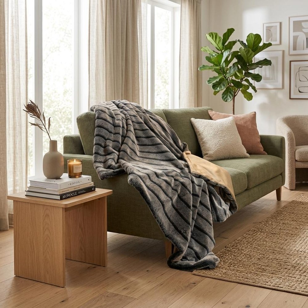 Gray Faux Fur Striped Plush Throw