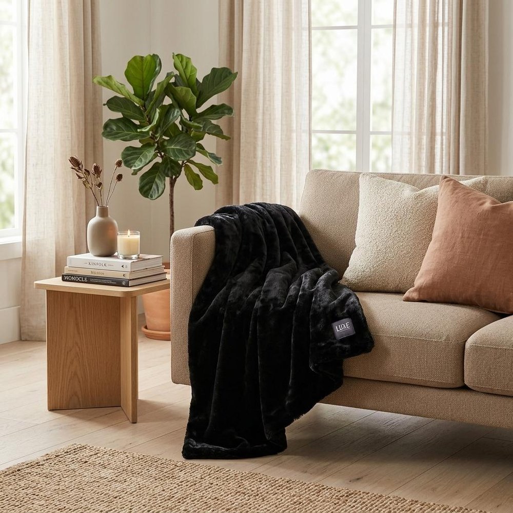 60" X 2" Black Faux Fur Plush Throw Blanket