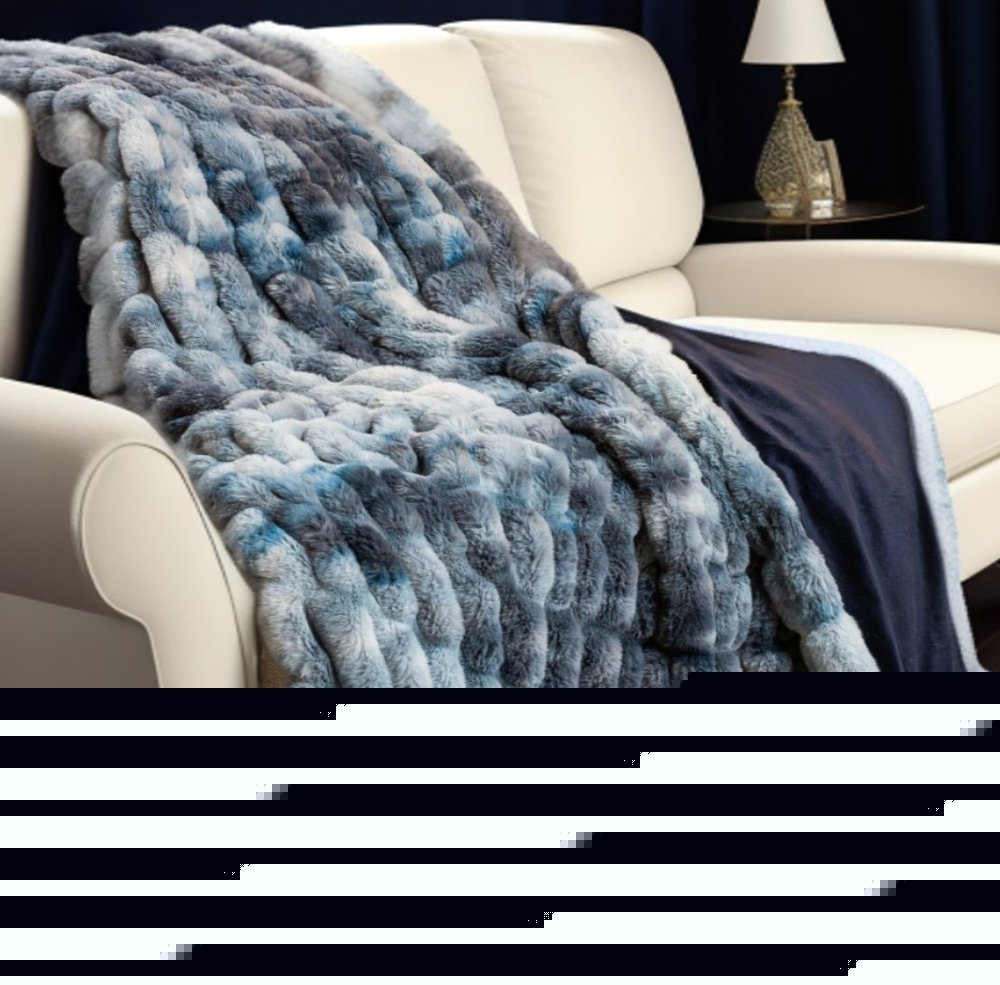 Chunky Sectioned Shades Of Blue Faux Fur Throw Blanket