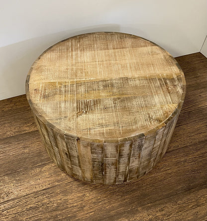 32" Brown Solid Wood Round Distressed Drum Coffee Table