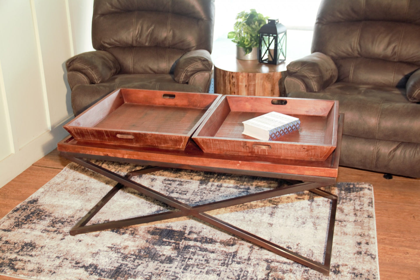 27" Brown And Black Solid Wood Cross Legs Coffee Table